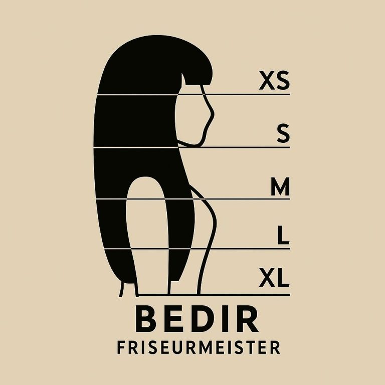 Preis nach Haarlänge Silhouette einer Dame mit verschiedenen Haarlängen und Größenangaben.